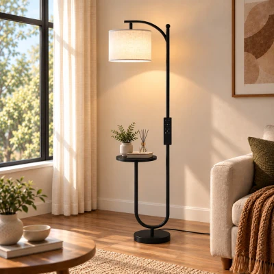 HOMCOM Candeeiro de Pé LED Regulável com Prateleira 11 Temperaturas de Cor e Níveis de Brilho Cúpula Ajustável Comando RF e Interruptor de Pé Preto