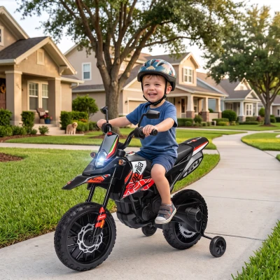 AIYAPLAY Elektrische kindermotor 12V met 2 motoren, zijwieltjes, vering, 13 inch wielen, muziek en USB