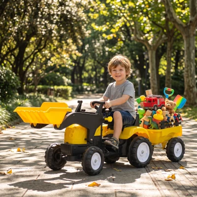HOMCOM Tracteur à pédales tractopelle avec remorque Pelle et râteau Jeu de Plein air Enfants à partir de 3 Ans Jaune Noir