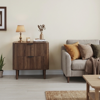 Modern Walnut-Effect Bedside Cabinet with 2 Drawers and Fluted Fronts, 57L x 40W x 57H cm, Walnut