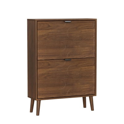 Farmhouse Walnut Shoe Storage Cabinet with 2 Flip Drawers, 60L x 24W x 98H cm, Walnut