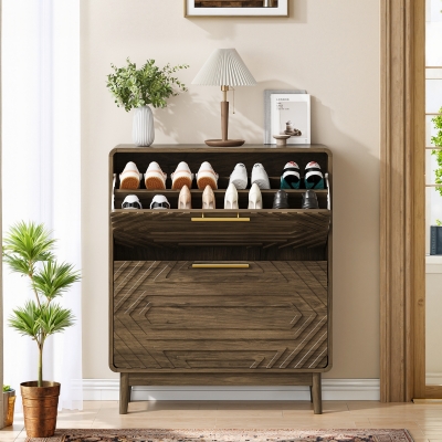Warm Walnut Shoe Storage Cabinet with 2 Flip-Top Drawers, 80L x 24W x 95H cm, Walnut