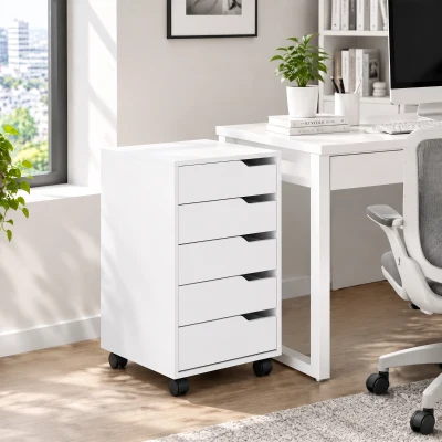 HOMCOM Caisson Bureau 5 Tiroirs Blanc sur Roulettes Rangement