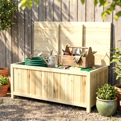 Outsunny Arcón Exterior de Madera 172 L Baúl Almacenaje con Tapa Abatible Resistente a la Intemperie para Jardín Madera Natural