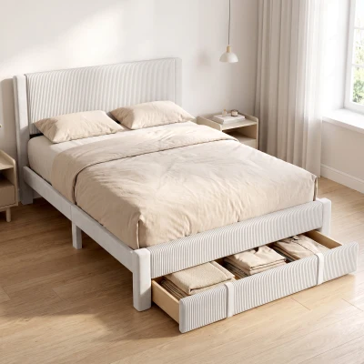 HOMCOM Pat Tapițat 140x200 cm cu Tăblie Căptușită și Sertar Depozitare Lamele de Lemn Asamblare Ușoară Bej