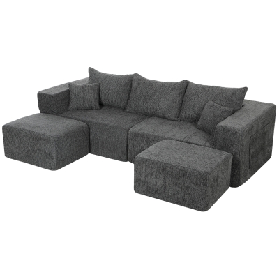 HOMCOM Sofá Modular en U de 3 Plazas con 2 Otomanas Bolsillos Sofá de Chenilla con Asiento Ancho No Requiere Montaje Gris
