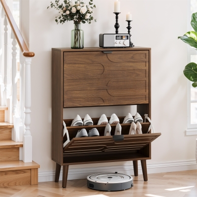 Farmhouse Walnut Shoe Storage Cabinet with 2 Flip Drawers, 60L x 24W x 98H cm, Walnut