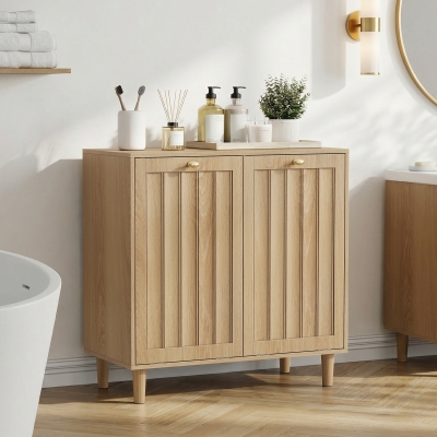 Slanted Laundry Cabinet with 2 Removable Inner Baskets, 69.5L x 35W x 70.5H cm, Oak