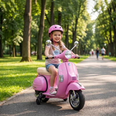 AIYAPLAY Vespa PX150 elektrische kindermotor 12V met lithium-accu, 2 motoren en 25° stuurbegrenzing - voor 3-6 jaar