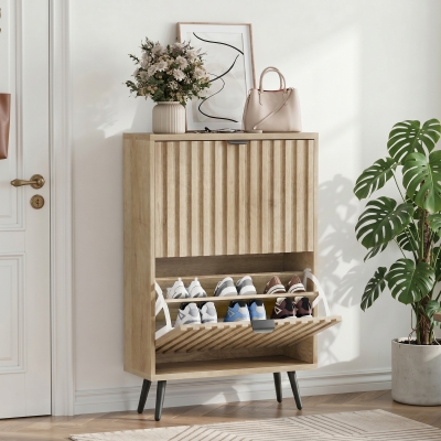 Slimline Oak Freestanding Shoe Cabinet with 2 Tilt-Out Compartments, 60L x 24W x 95H cm, Oak