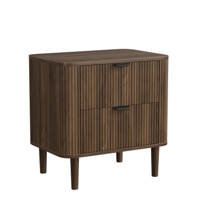Modern Walnut-Effect Bedside Cabinet with 2 Drawers and Fluted Fronts, 57L x 40W x 57H cm, Walnut