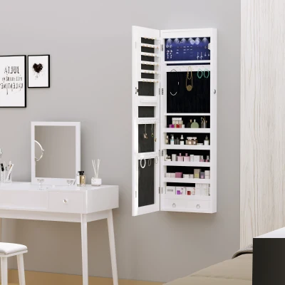 HOMCOM Espelho com Móvel de Bijuterias de Parede ou Porta Espelho de Parede com LED 5 Prateleiras 2 Gavetas pequenas e Fechadura 37x120x10cm Cinza Claro