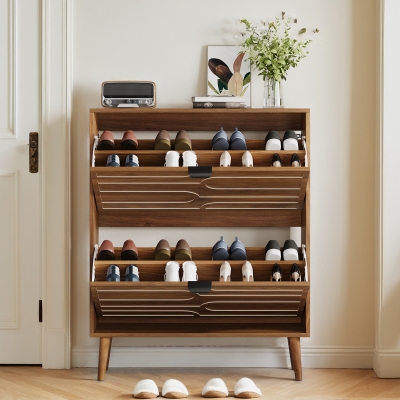 Farmhouse Walnut Shoe Storage Cabinet with 2 Flip Drawers, 80L x 24W x 98H cm, Walnut