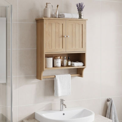 Waterproof Oak Bathroom Cabinet with Towel Rack, 60L x 20W x 70H cm, Oak