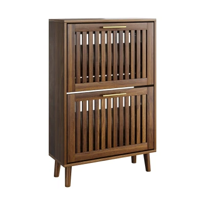 Rustic Walnut Shoe Storage Cabinet with 2 Flip Drawers, 60L x 24W x 93H cm, Walnut