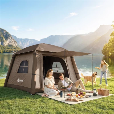 Outsunny Aufblasbares Campingzelt 1-2 Personen Outdoor Familienzelt mit Haken Luftpumpe Fenstern Türen für 4 Jahreszeiten