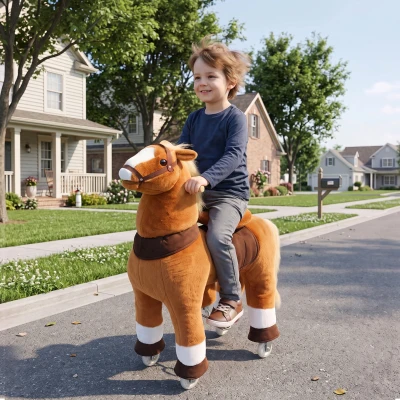 AIYAPLAY Reitpferd auf Rollen Spielpferd zum Reiten mit 4 Rädern Griffe Fußstütze, 95 cm hoch bis 40 kg, für Kinder 4-12 Jahren