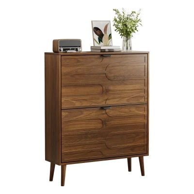 Farmhouse Walnut Shoe Storage Cabinet with 2 Flip Drawers, 80L x 24W x 98H cm, Walnut