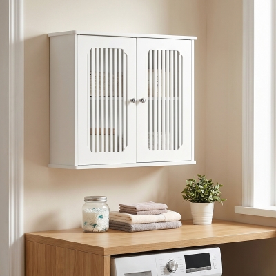 Wall-Mounted Bathroom Cabinet with Louvered Double Doors, 60L x 20W x 52H cm, White