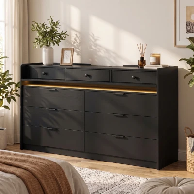 HOMCOM Chest of Drawers 9-Drawer LED Charging Station Black