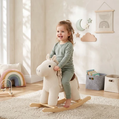 AIYAPLAY Caballito Balancín para Bebés con Sonidos de Cascos y Relinchos Base de Madera Tapizado en Pana 18 a 36 Meses Blanco