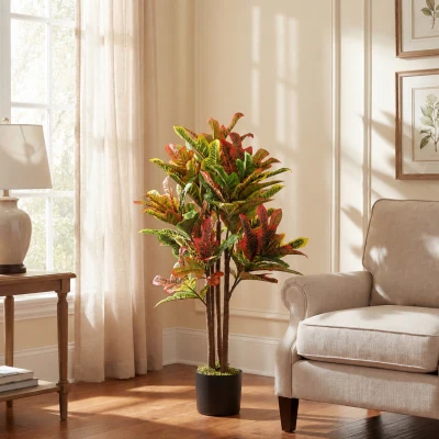 HOMCOM Crotón Artificial 120 cm Planta Artificial Decorativa con Maceta y Hojas para Decoración del Interior Multicolor