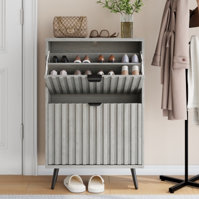 Streamlined Concealed Shoe Cabinet with 2 Flip Drawers, 60L x 24W x 94H cm, Gray