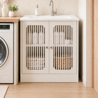 Minimalist Washbasin Cabinet with Louvered Double Doors, 60L x 30W x 60H cm, White