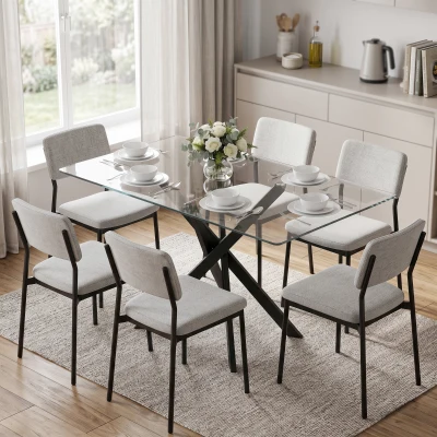 HOMCOM Mesa de Jantar Moderna para 6 Pessoas, Mesa de Cozinha com Tampo em Vidro 120x65 cm, Transparente e Preto