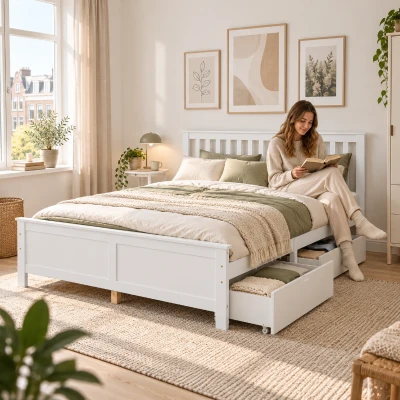 Houten bed 140×200 met opberglades, 2 uittrekbare lades op wieltjes, minimalistisch design, massief grenenhout & MDF, 205×147×82,5 cm, wit