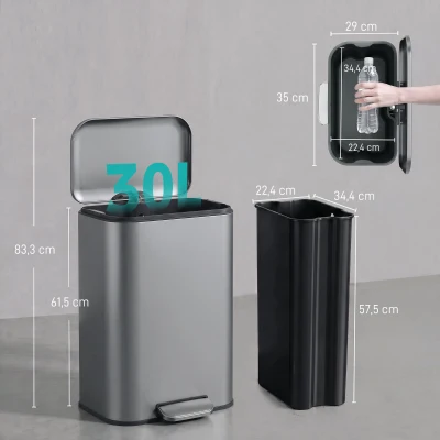 HOMCOM Pattumiera Rettangolare a Pedale 30L, Grigio Scuro