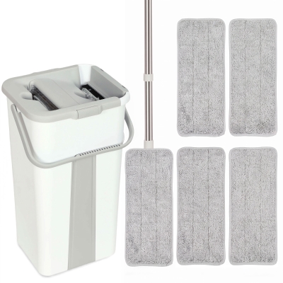 HOMCOM Flat Mop Bucket Set 2-Chamber 5 Pads 127cm Handle White