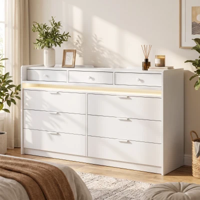 HOMCOM Chest of Drawers 9-Drawer LED Charging Station White