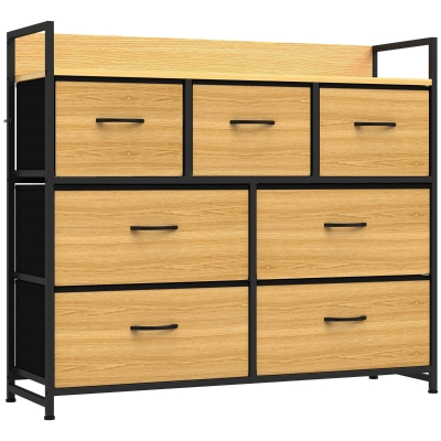 HOMCOM Cajonera de Tela Cómoda de Dormitorio con 7 Cajones Estructura de Acero para Sala de Estar Pasillo Roble