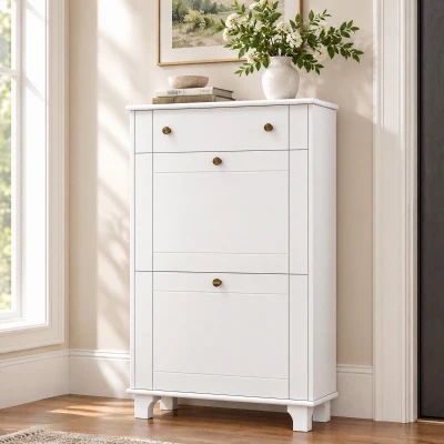 HOMCOM Mueble Zapatero Blanco Zapatero Estrecho con 2 Puertas Abatibles y 1 Cajón para 8-10 Pares de Zapatos 60x23,5x98,5 cm