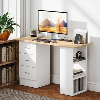HOMCOM Computer Desk with Shelves Natural Wood/White
