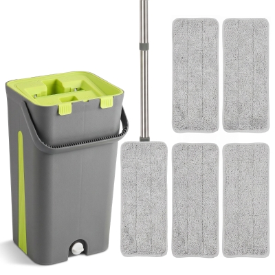 HOMCOM Flat Mop and Bucket Set 5 Pads Compact Dark Grey Green