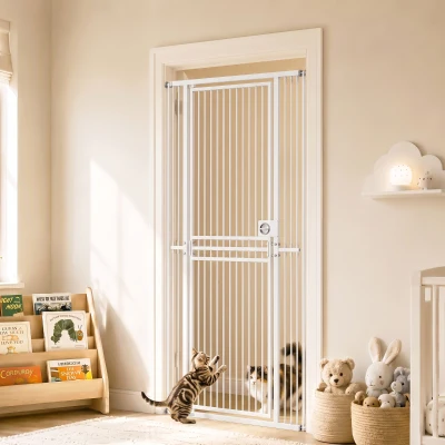 PawHut Barrera de Seguridad Perros Gatos Extra Alta 198 cm Extensible 74-100 cm para Puerta Escalera Montaje a Presión Blanco