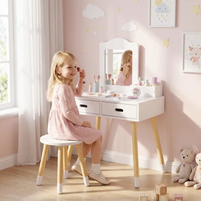 ZONEKIZ Tavolo Trucco Bambini e Sgabello Specchio e 2 Cassetti