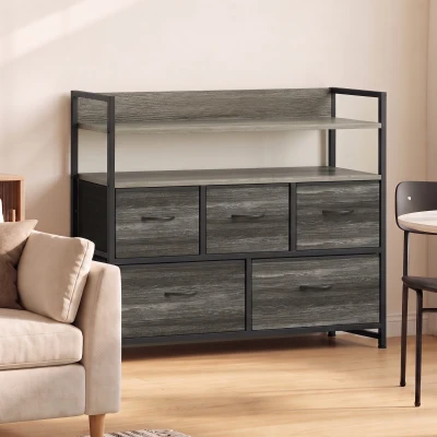 HOMCOM Commode 5 Tiroirs Tissu Gris avec Étagères et Plateau