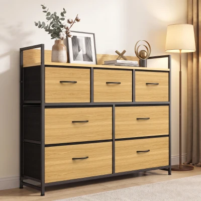 HOMCOM Cajonera de Tela Cómoda de Dormitorio con 7 Cajones Estructura de Acero para Sala de Estar Pasillo Roble