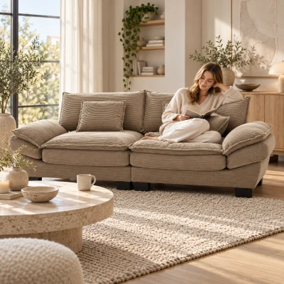 Moderne 2-zits stoffen bank met extra diepe zit voor twee, fluweelachtige stof en dikke, massief houten frame, 224×81×81 cm, kaki