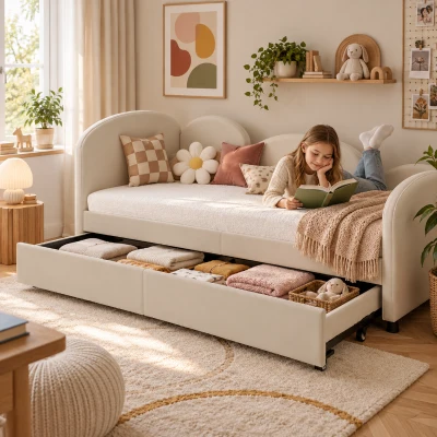 Slaapbank met bloemenmotief, zachte fluwelen bekleding, uittrekbare opberglade en metalen frame, slaapmaat, 210×99×82,5 cm, beige