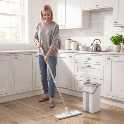 HOMCOM Flat Mop Bucket Set 2-Chamber 5 Pads 127cm Handle White