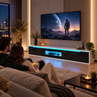 Hoogglans TV-kast met LED-verlichting, spaanplaat met uniek deurdesign en hoge glanslak, zwart-wit contrast en opbergruimte, 180×35×30 cm, zwart-wit