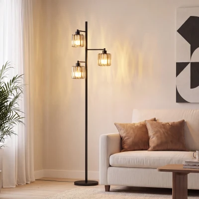 HOMCOM Lampada da Terra con 3 Lampadine E27 e Telecomando, Nero
