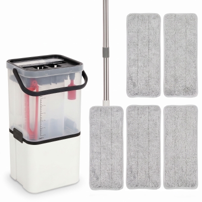 HOMCOM Flat Mop & Bucket Set 2-Chamber 5 Pads White