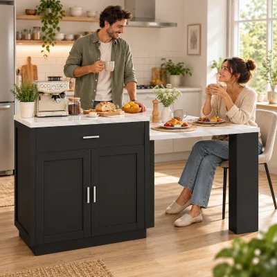 Keukeneiland met uitschuifbare eettafel voor 2–6 personen, geïntegreerde stekkerdoos en 2 USB-poorten, 2 lades, 211×55×89,5 cm, zwart