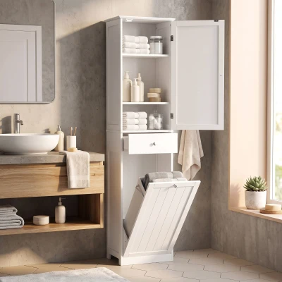 HOMCOM Mobile Bagno Alto 180 cm, Cesto Portabiancheria, Bianco