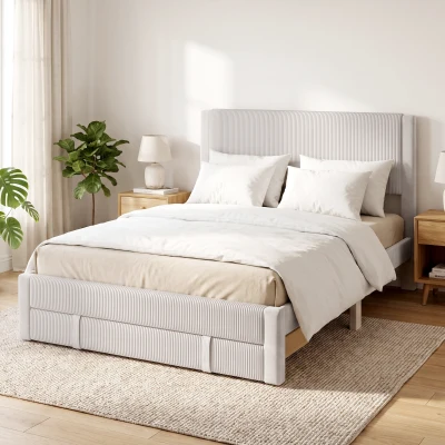HOMCOM Cama Estofada 140x200 cm com Cabeceira Acolchoada, Gaveta de Arrumação e Ripas de Madeira, Bege